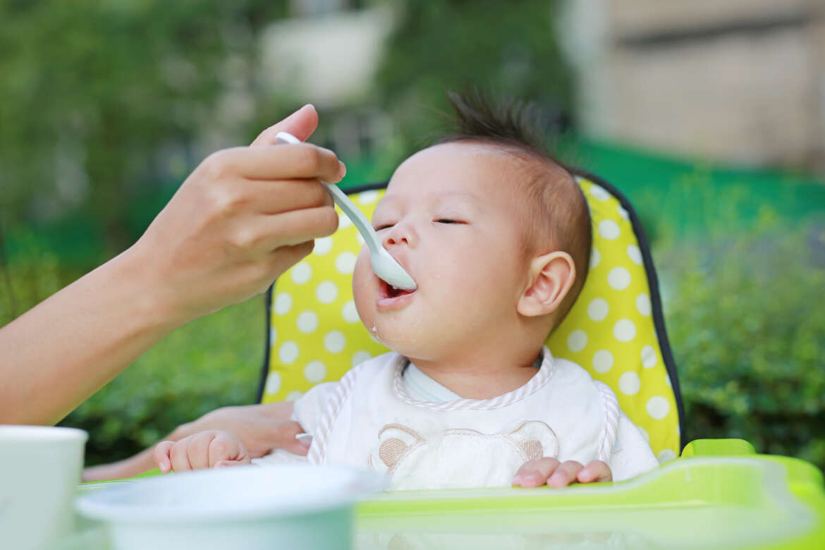 A female hand holding spoon with solid food feeding to a baby, representing the concept of first time solid food giving to baby